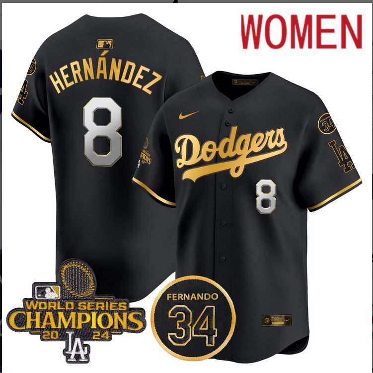 Women MLB Los Angeles Dodgers #8 Hernandez black 2024 World Series Champions Patch Limited Jersey